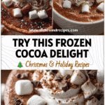 A bowl of frozen hot chocolate dip topped with whipped cream and cocoa sprinkled marshmallows.